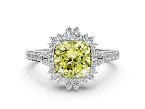 White gold Fancy Yellow Cushion Cut Cut Diamond Sunburst Halo Engagement Ring with Pavé Band_12
