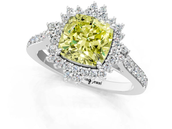 Platinum Fancy Yellow Cushion Cut Cut Diamond Sunburst Halo Engagement Ring with Pavé Band