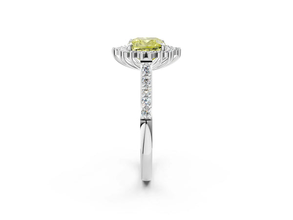 Platinum Fancy Yellow Cushion Cut Cut Diamond Sunburst Halo Engagement Ring with Pavé Band