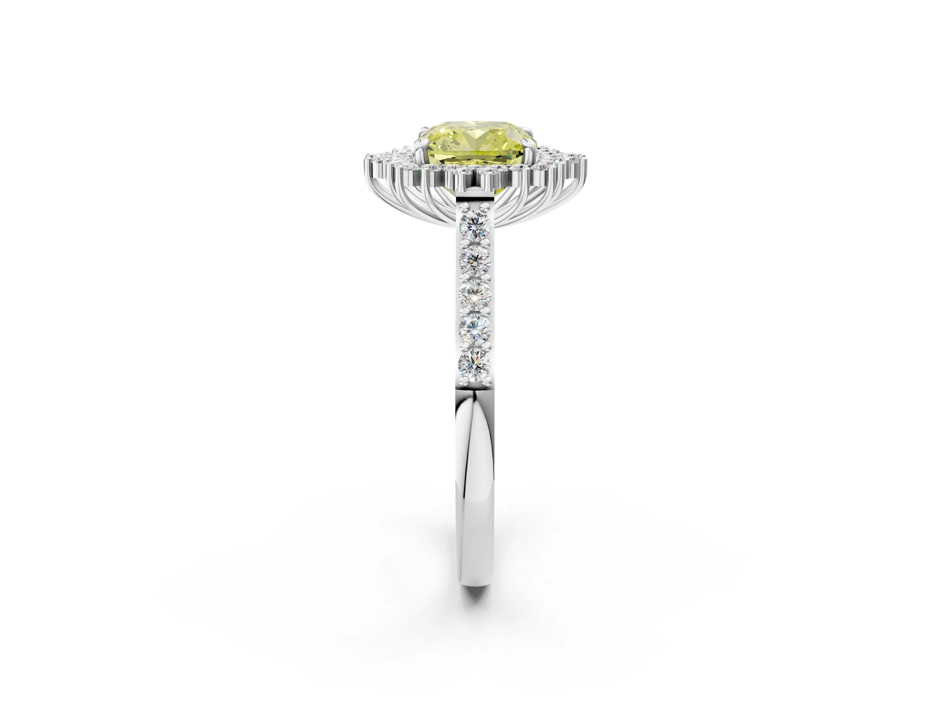 White gold Fancy Yellow Cushion Cut Cut Diamond Sunburst Halo Engagement Ring with Pavé Band_14