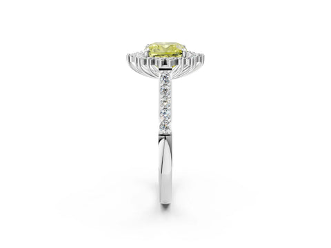 White gold Fancy Yellow Cushion Cut Cut Diamond Sunburst Halo Engagement Ring with Pavé Band_14