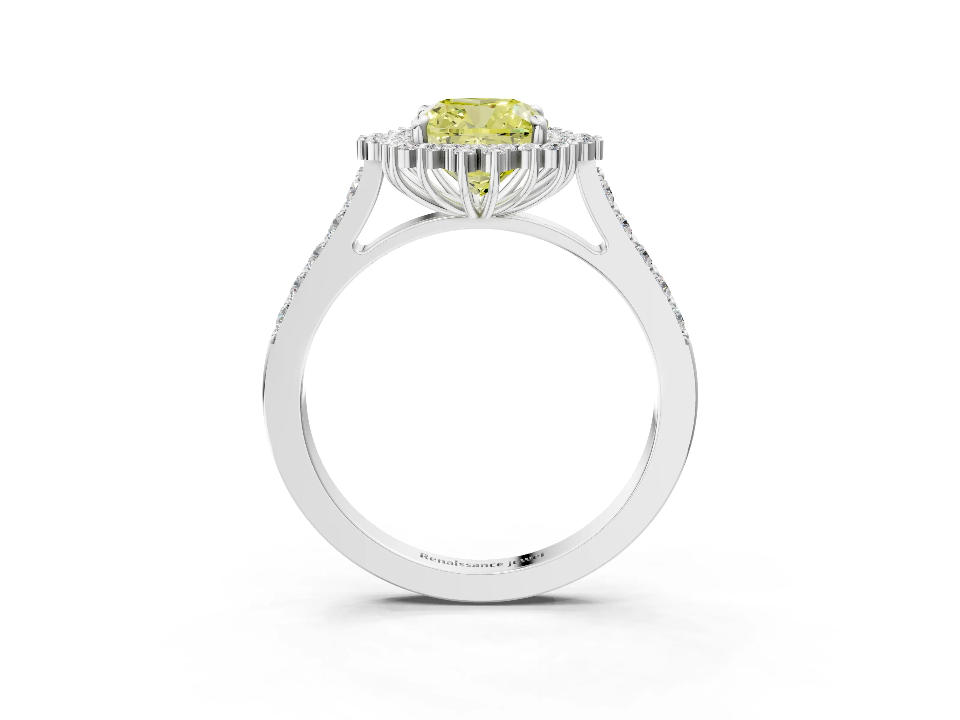 White gold Fancy Yellow Cushion Cut Cut Diamond Sunburst Halo Engagement Ring with Pavé Band_15