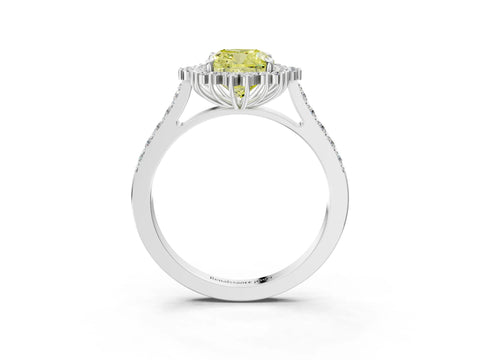 White gold Fancy Yellow Cushion Cut Cut Diamond Sunburst Halo Engagement Ring with Pavé Band_15