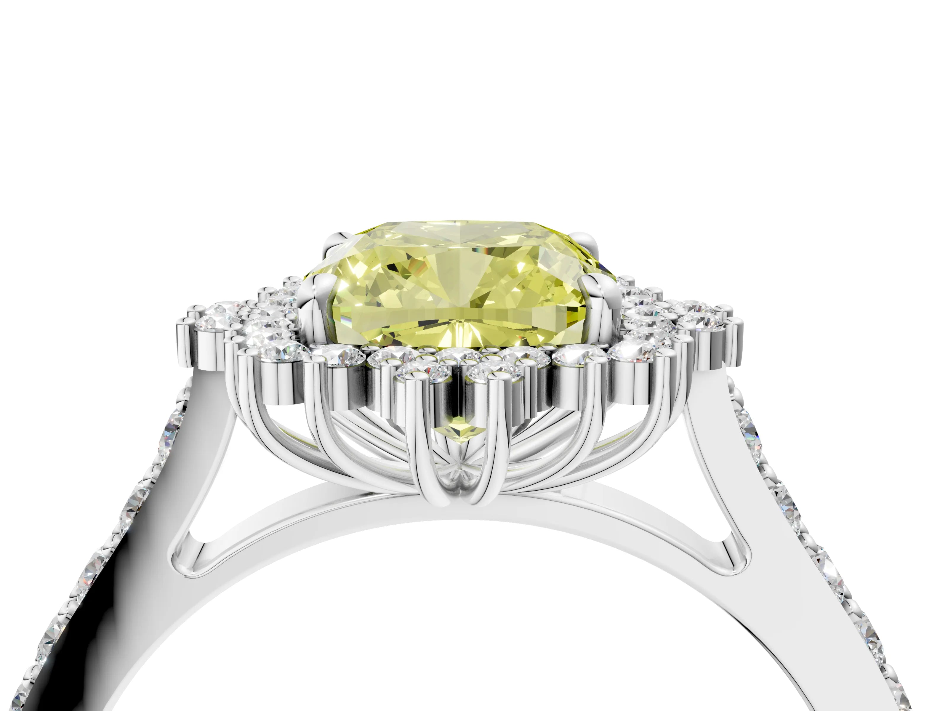 White gold Fancy Yellow Cushion Cut Cut Diamond Sunburst Halo Engagement Ring with Pavé Band_16
