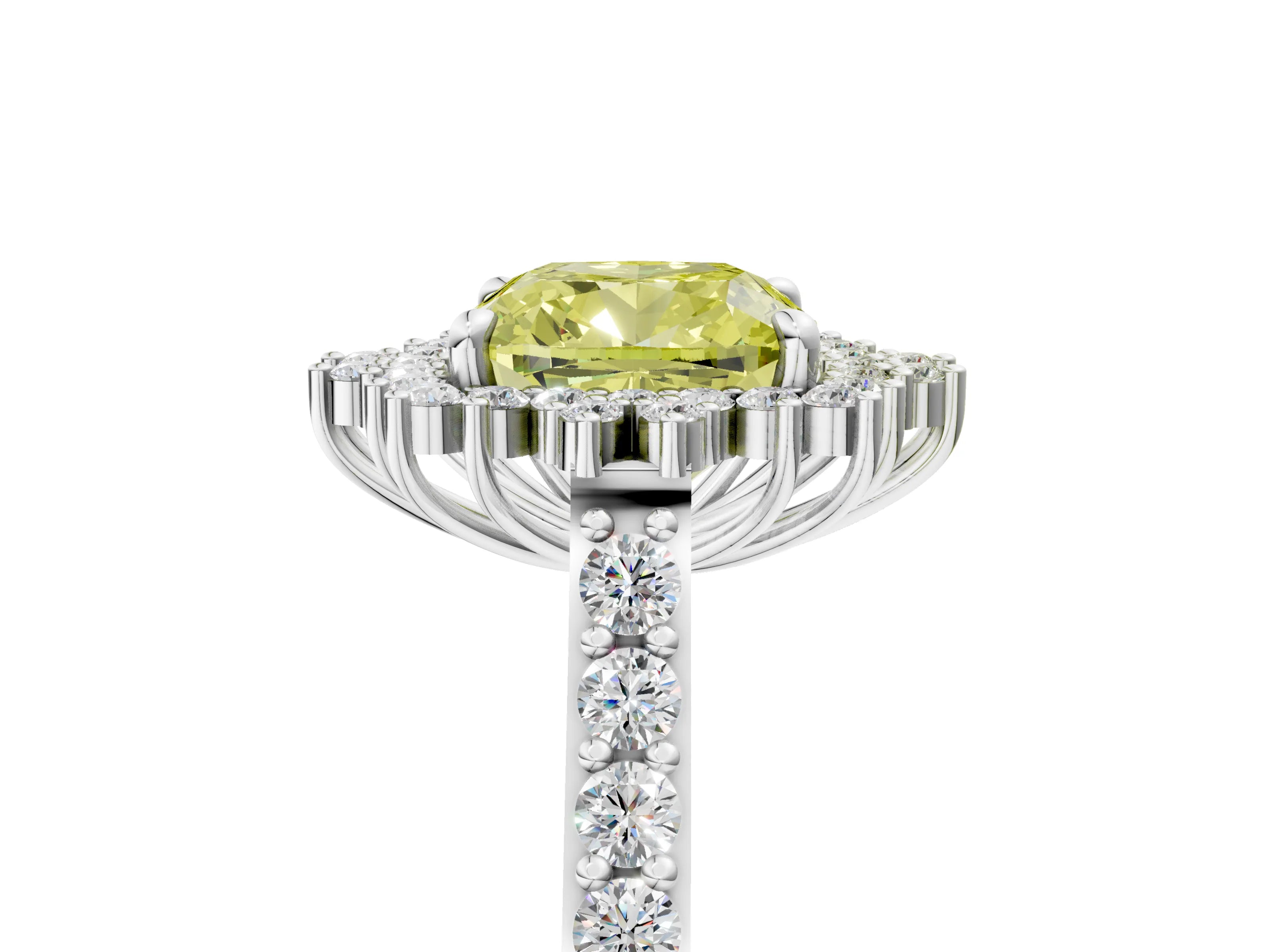 White gold Fancy Yellow Cushion Cut Cut Diamond Sunburst Halo Engagement Ring with Pavé Band_17