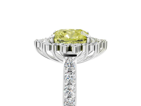White gold Fancy Yellow Cushion Cut Cut Diamond Sunburst Halo Engagement Ring with Pavé Band_17