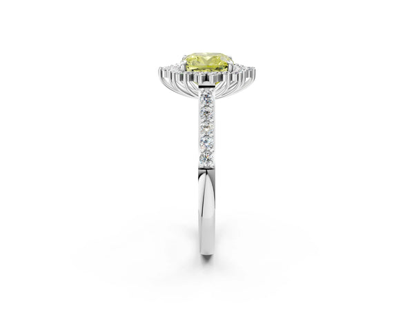 Platinum Fancy Yellow Cushion Cut Cut Diamond Sunburst Halo Engagement Ring with Pavé Band
