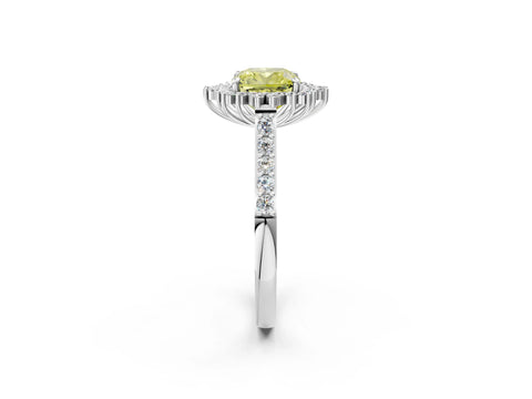 White gold Fancy Yellow Cushion Cut Cut Diamond Sunburst Halo Engagement Ring with Pavé Band_2