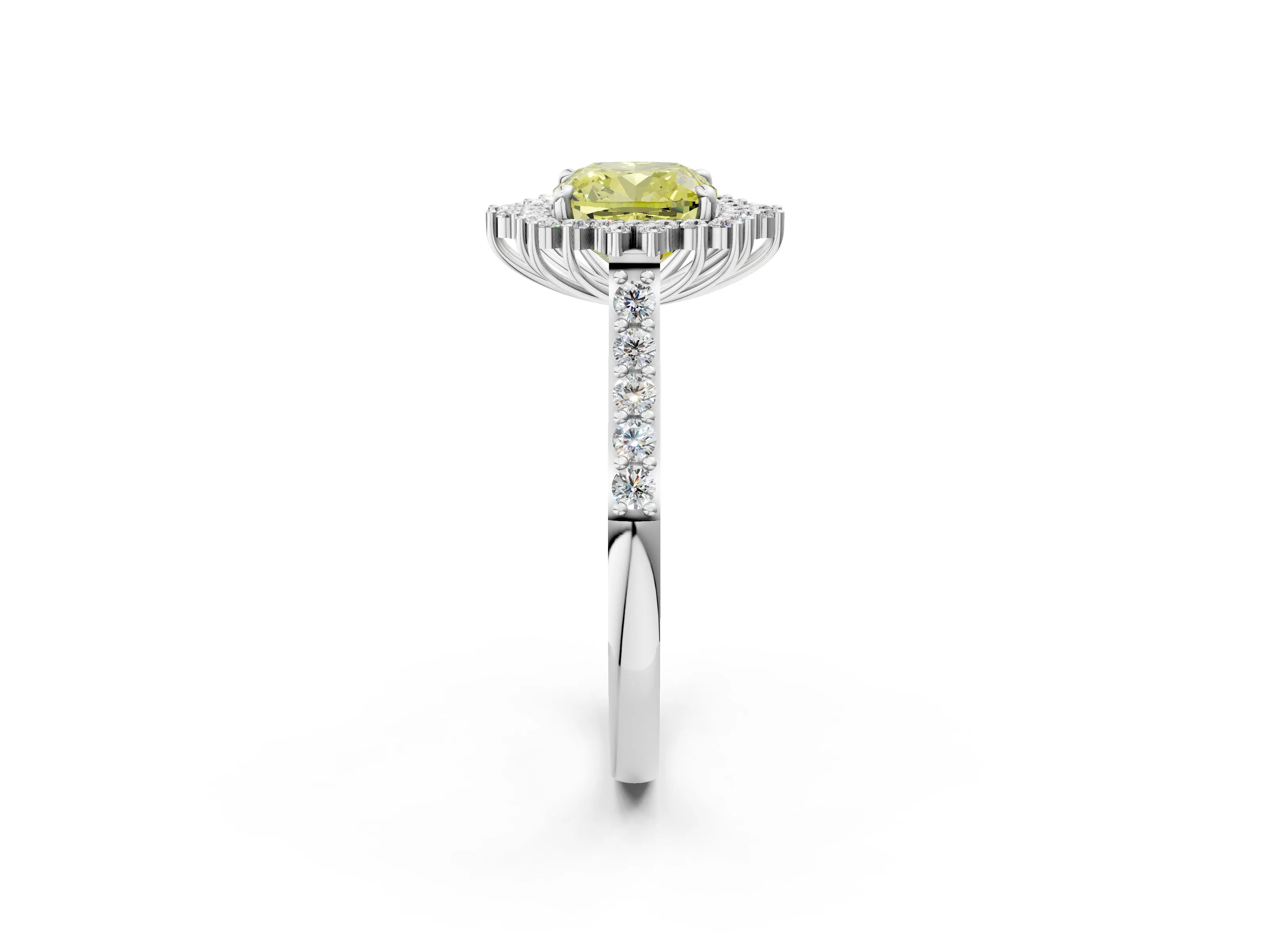 White gold Fancy Yellow Cushion Cut Cut Diamond Sunburst Halo Engagement Ring with Pavé Band_2