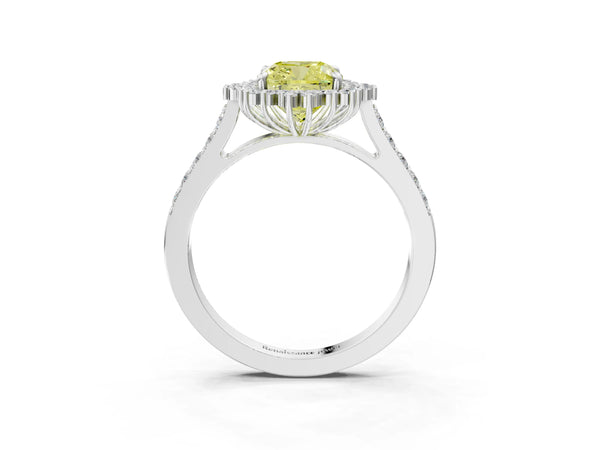 Platinum Fancy Yellow Cushion Cut Cut Diamond Sunburst Halo Engagement Ring with Pavé Band
