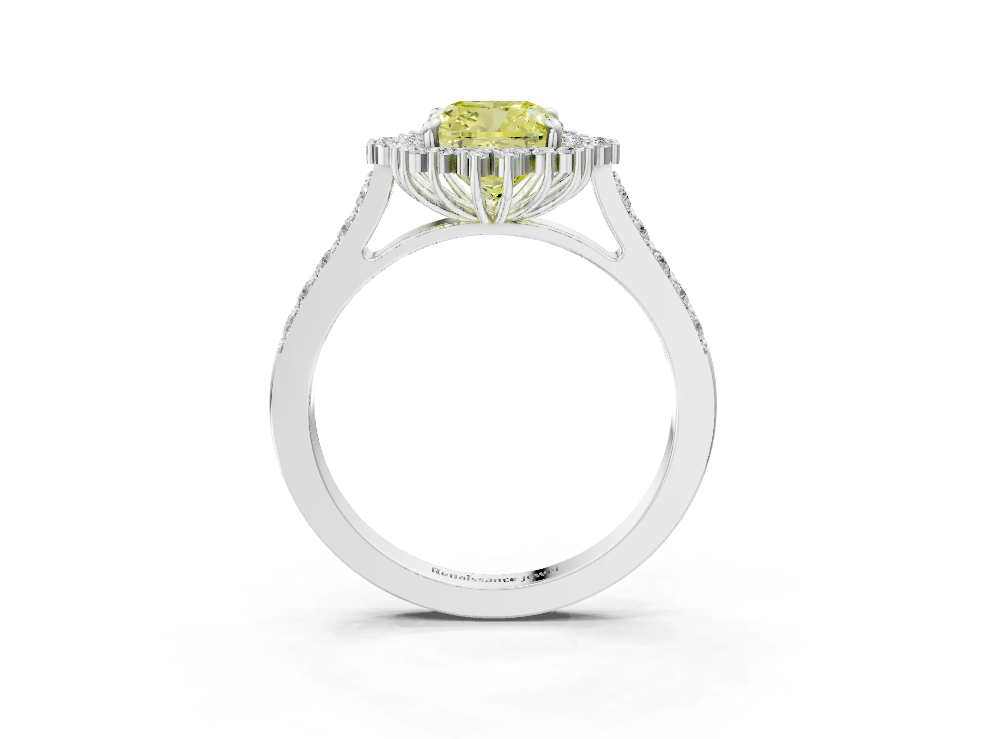 White gold Fancy Yellow Cushion Cut Cut Diamond Sunburst Halo Engagement Ring with Pavé Band_3