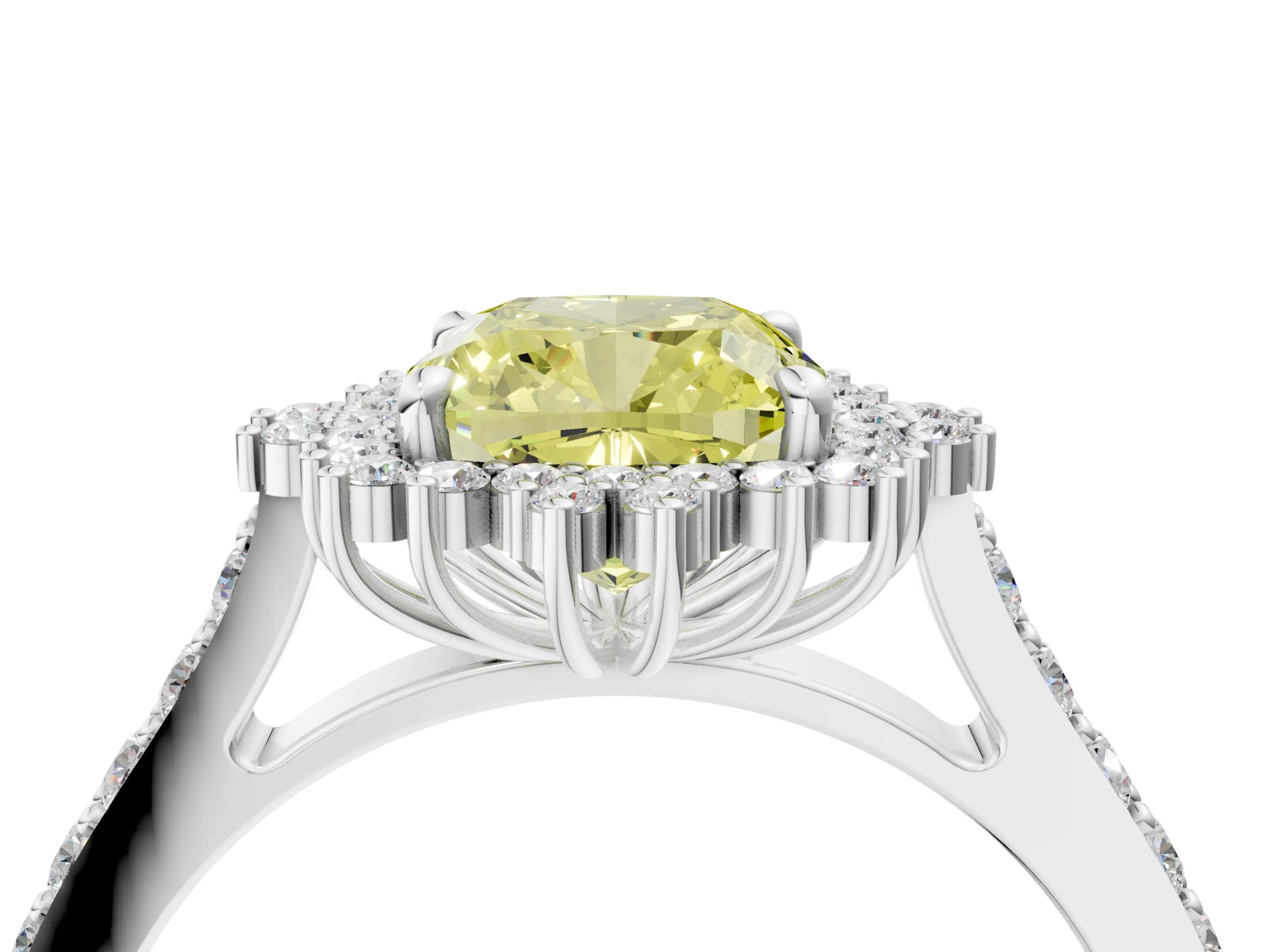 White gold Fancy Yellow Cushion Cut Cut Diamond Sunburst Halo Engagement Ring with Pavé Band_4