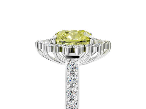 White gold Fancy Yellow Cushion Cut Cut Diamond Sunburst Halo Engagement Ring with Pavé Band_5