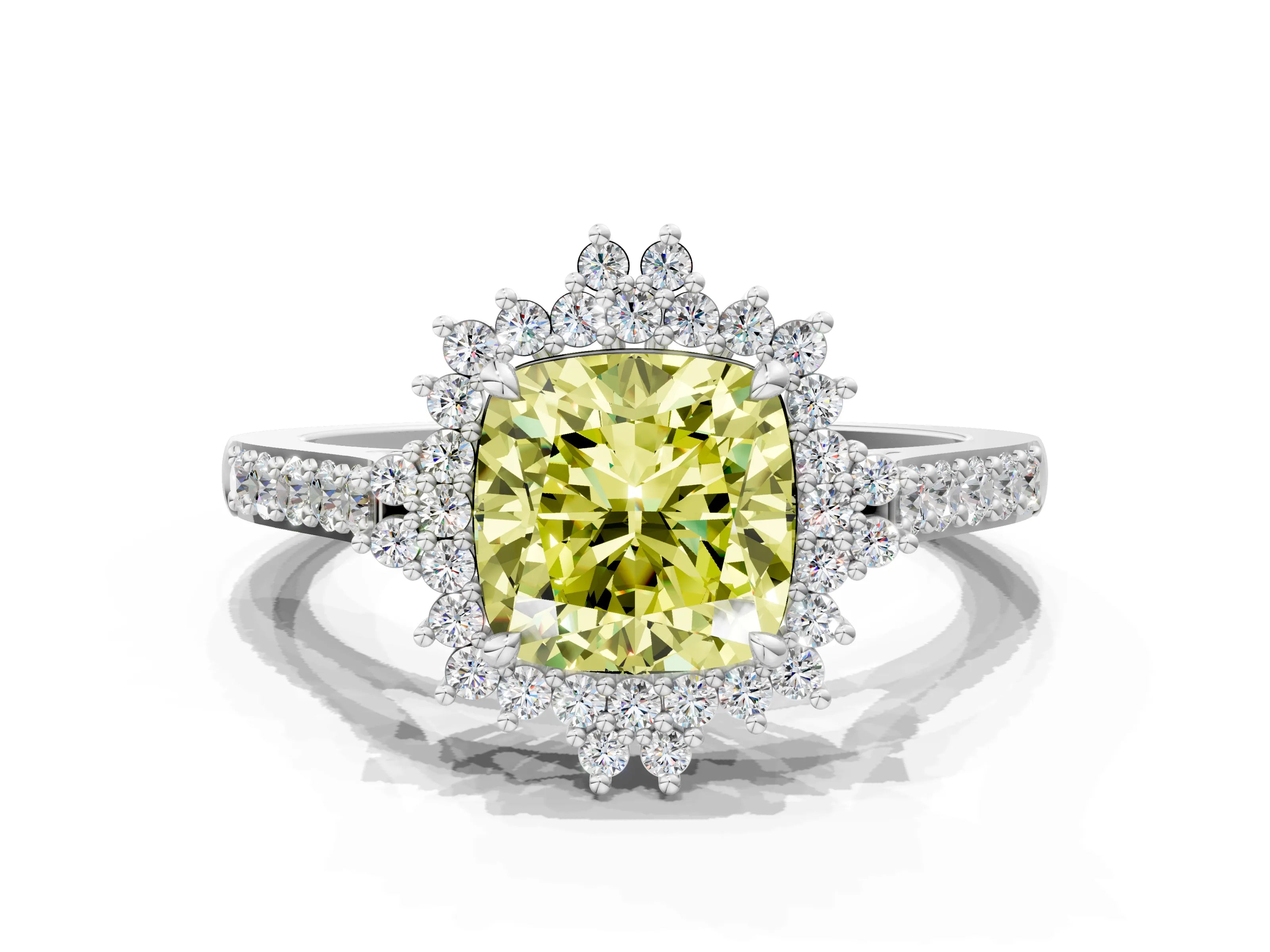 White gold Fancy Yellow Cushion Cut Cut Diamond Sunburst Halo Engagement Ring with Pavé Band