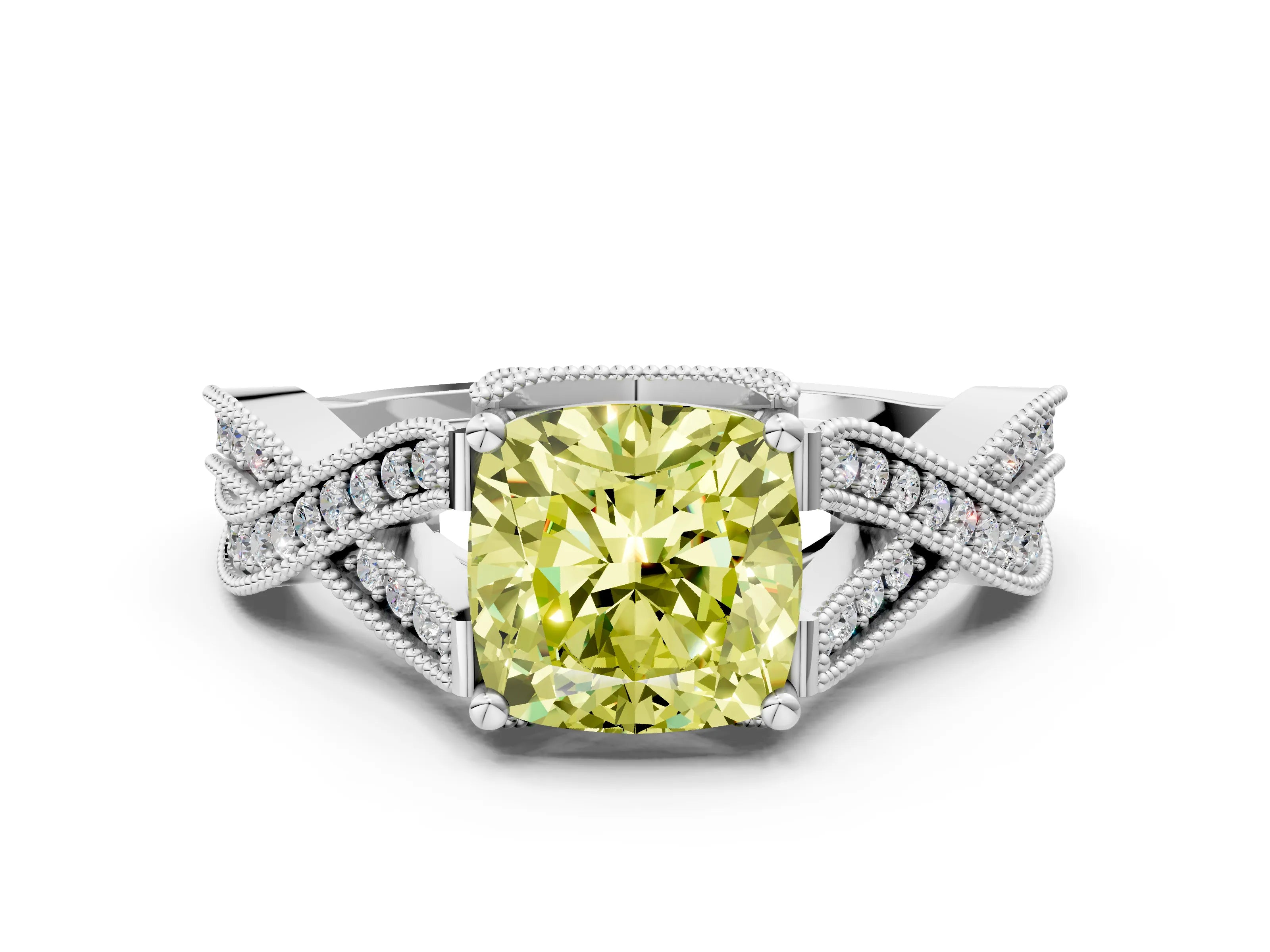 White gold Fancy Yellow Cushion Cut Cut Diamond Twisted Band with Milgrain Pave Setting and Four-Prong Setting_12