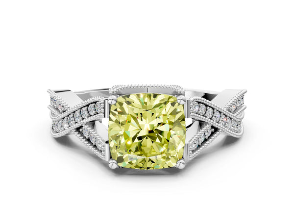 Platinum Fancy Yellow Cushion Cut Cut Diamond Twisted Band with Milgrain Pave Setting and Four-Prong Setting