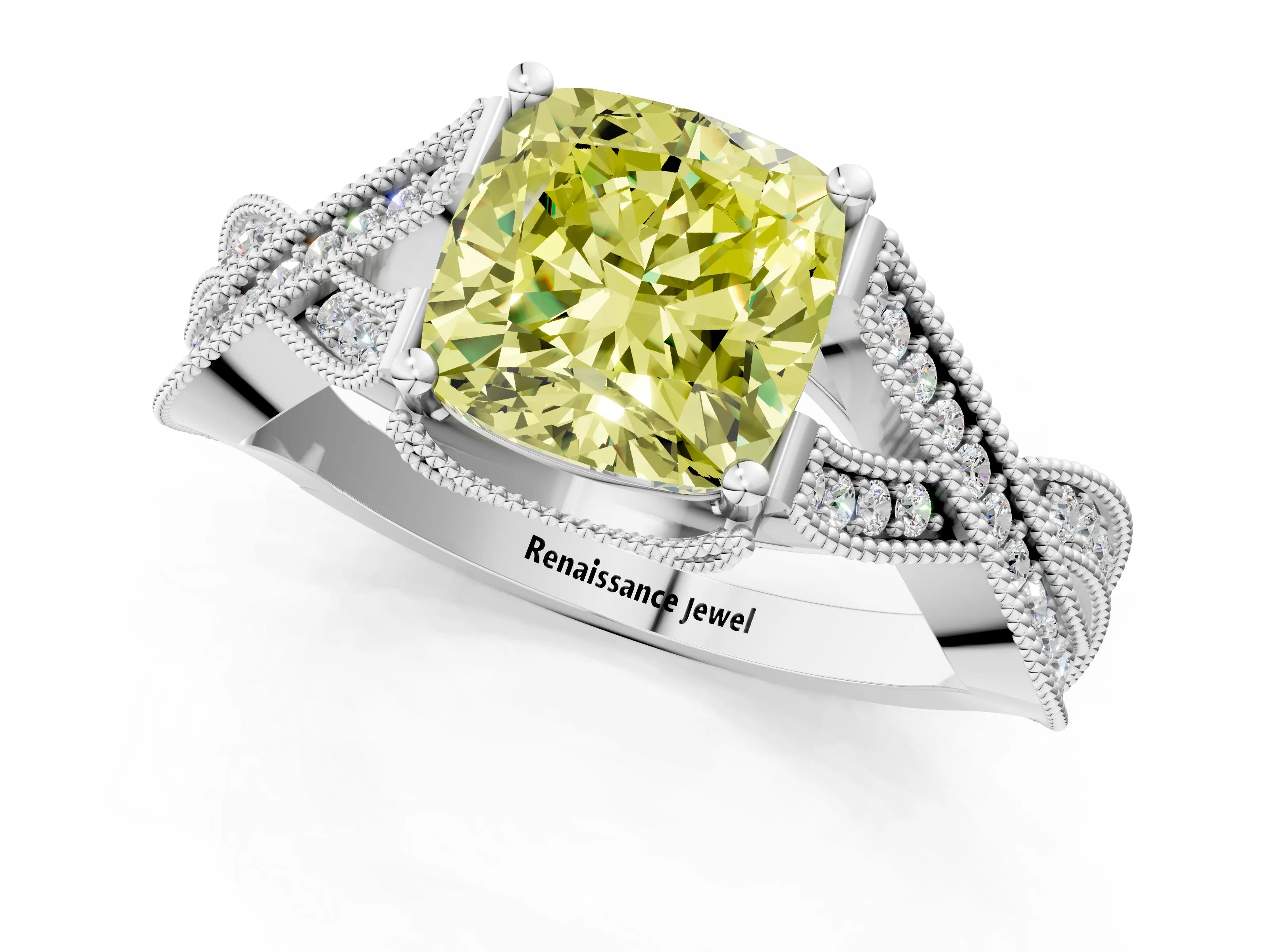 White gold Fancy Yellow Cushion Cut Cut Diamond Twisted Band with Milgrain Pave Setting and Four-Prong Setting_13