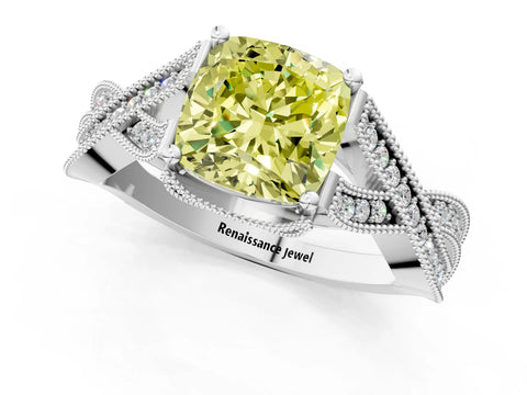 White gold Fancy Yellow Cushion Cut Cut Diamond Twisted Band with Milgrain Pave Setting and Four-Prong Setting_13