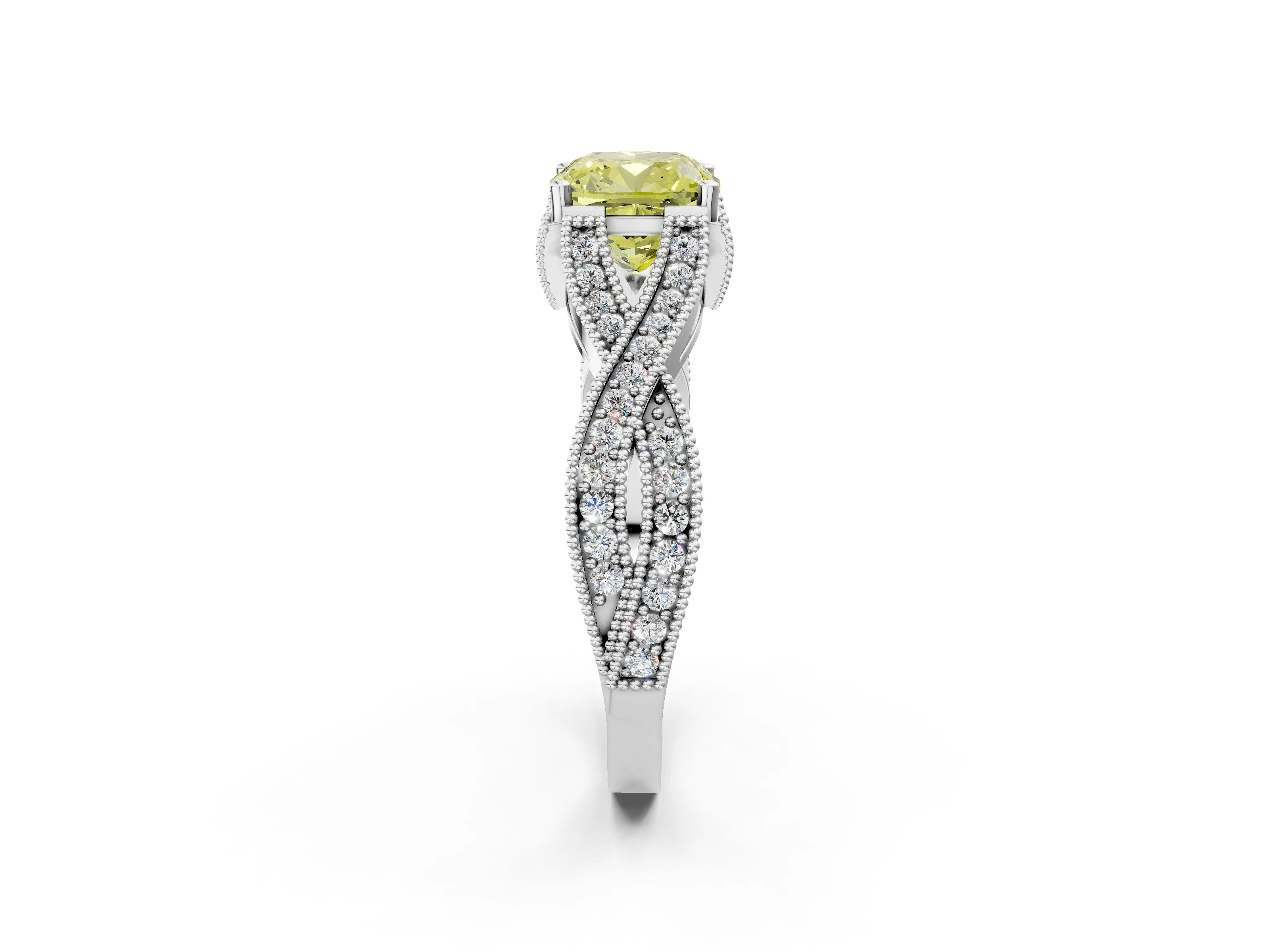 White gold Fancy Yellow Cushion Cut Cut Diamond Twisted Band with Milgrain Pave Setting and Four-Prong Setting_14