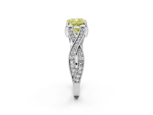Platinum Fancy Yellow Cushion Cut Cut Diamond Twisted Band with Milgrain Pave Setting and Four-Prong Setting