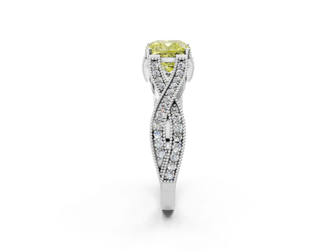 White gold Fancy Yellow Cushion Cut Cut Diamond Twisted Band with Milgrain Pave Setting and Four-Prong Setting_14