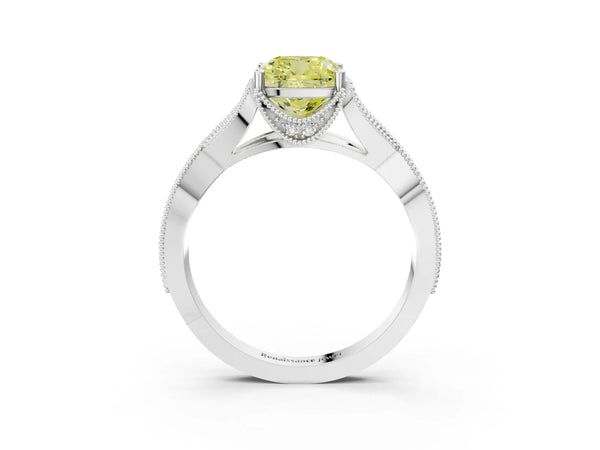 Platinum Fancy Yellow Cushion Cut Cut Diamond Twisted Band with Milgrain Pave Setting and Four-Prong Setting