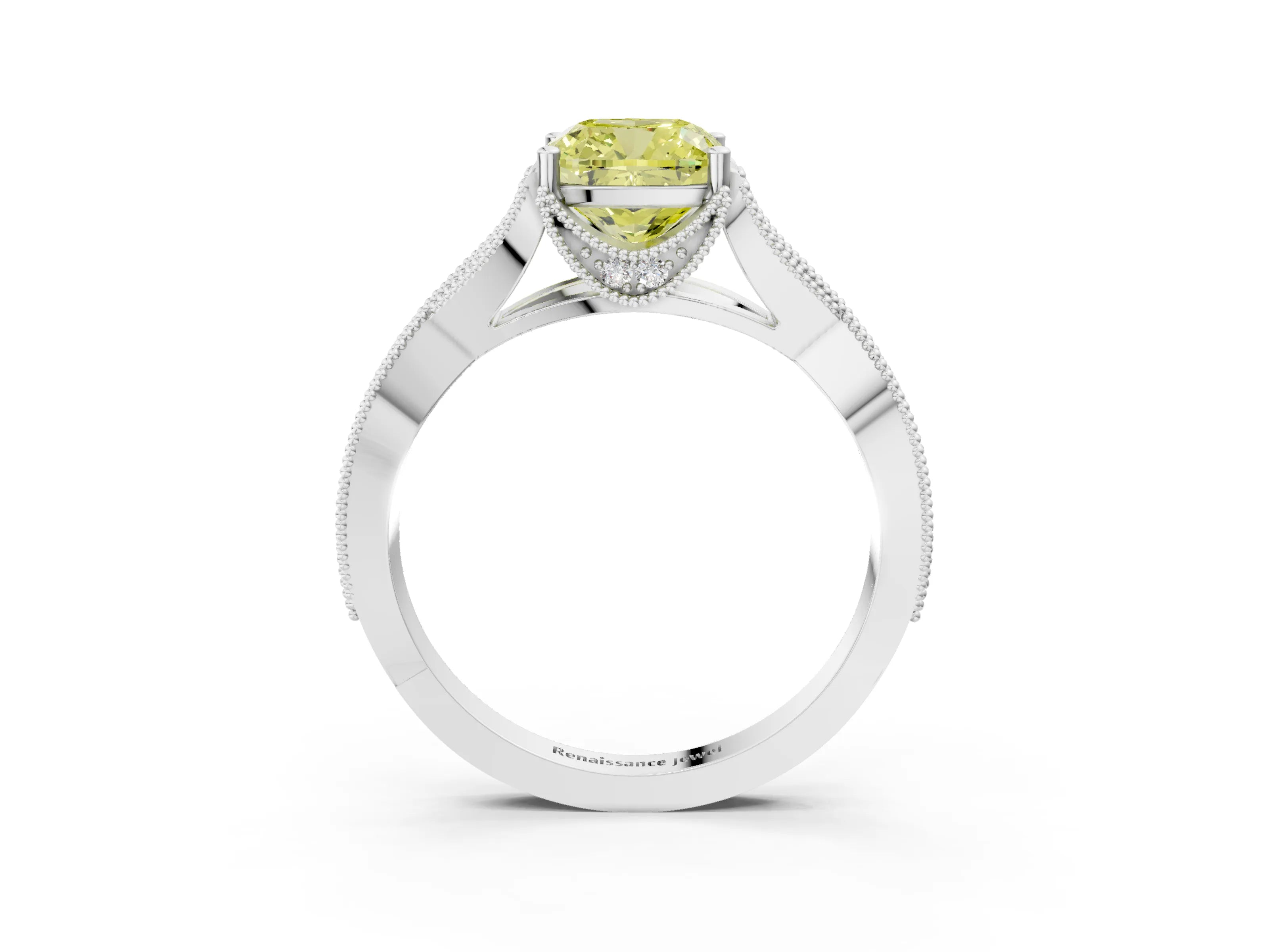 White gold Fancy Yellow Cushion Cut Cut Diamond Twisted Band with Milgrain Pave Setting and Four-Prong Setting_15