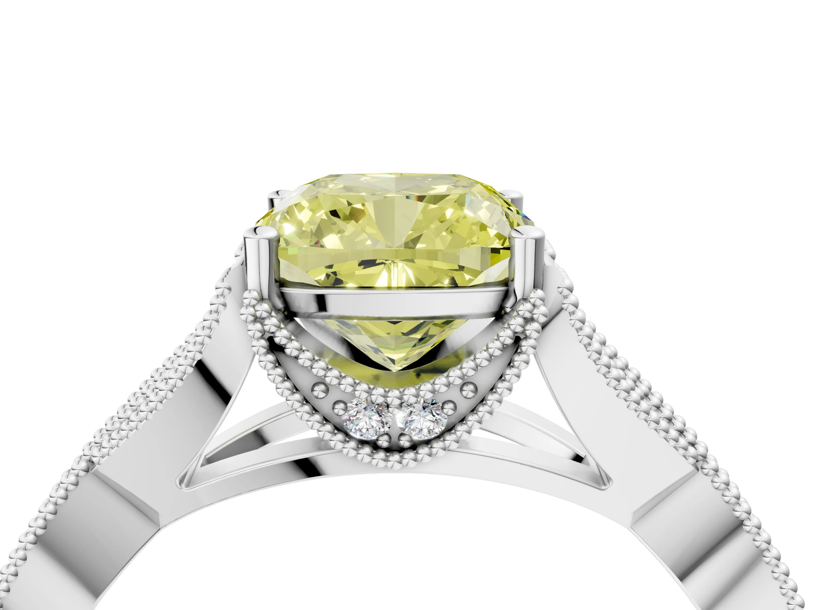 White gold Fancy Yellow Cushion Cut Cut Diamond Twisted Band with Milgrain Pave Setting and Four-Prong Setting_16