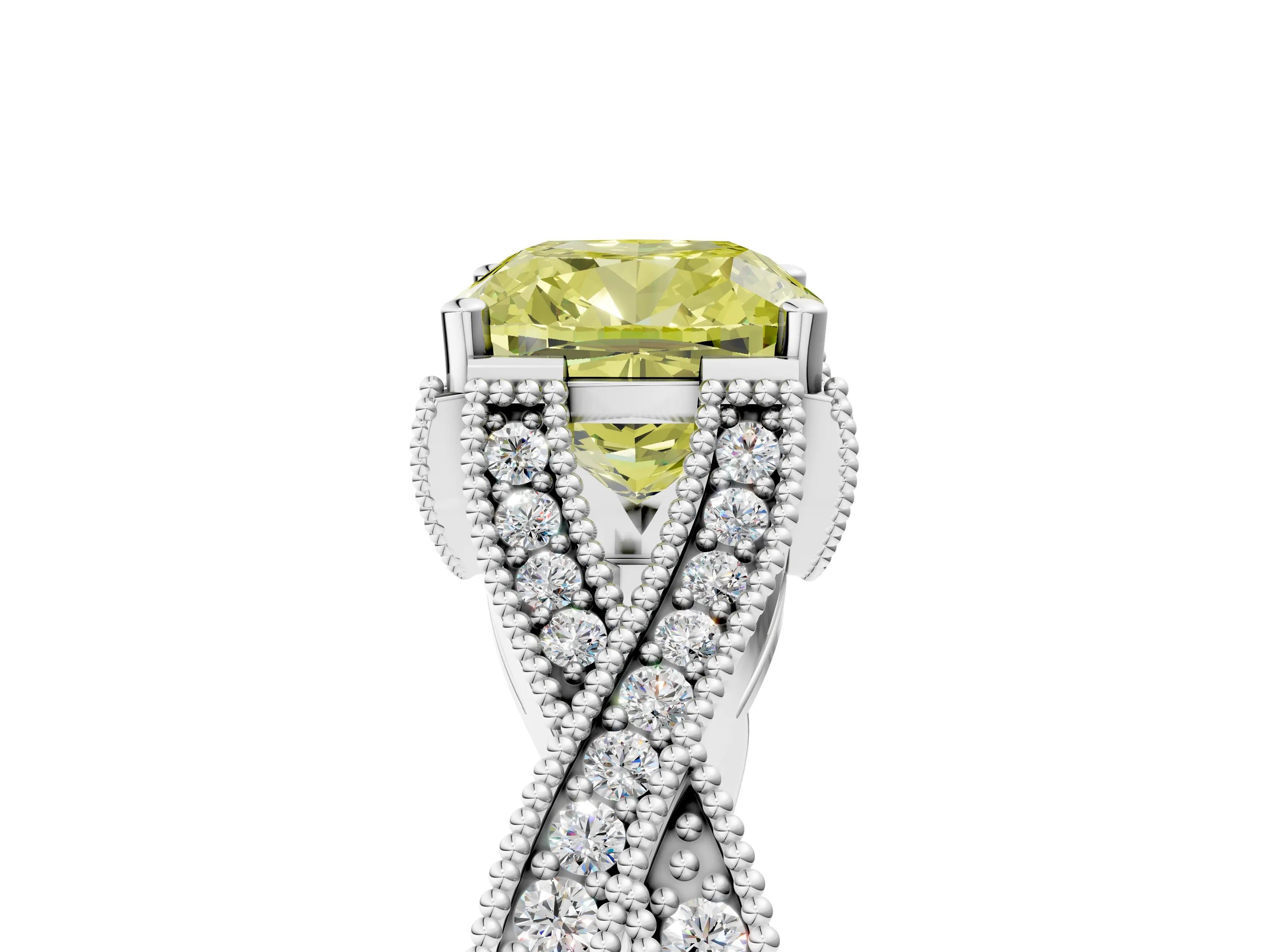 White gold Fancy Yellow Cushion Cut Cut Diamond Twisted Band with Milgrain Pave Setting and Four-Prong Setting_17