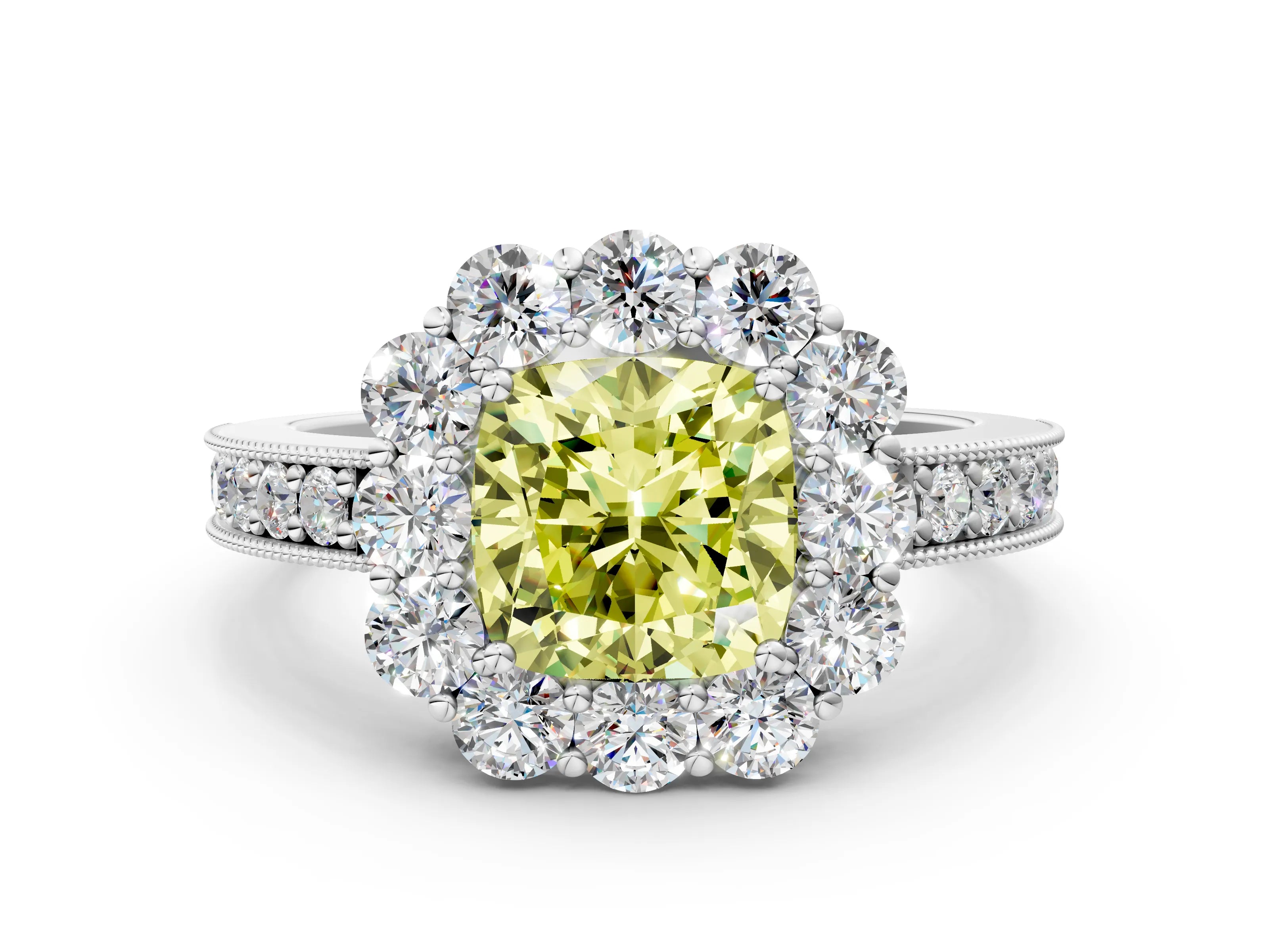 White gold Fancy Yellow Cushion Cut Cut Halo Diamond Pavé Engagement Ring with Milgrain Detailing_12