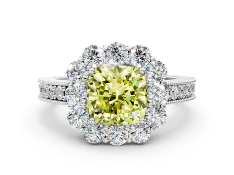 White gold Fancy Yellow Cushion Cut Cut Halo Diamond Pavé Engagement Ring with Milgrain Detailing_12