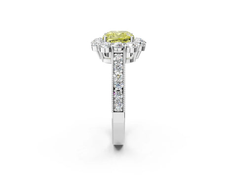 White gold Fancy Yellow Cushion Cut Cut Halo Diamond Pavé Engagement Ring with Milgrain Detailing_14