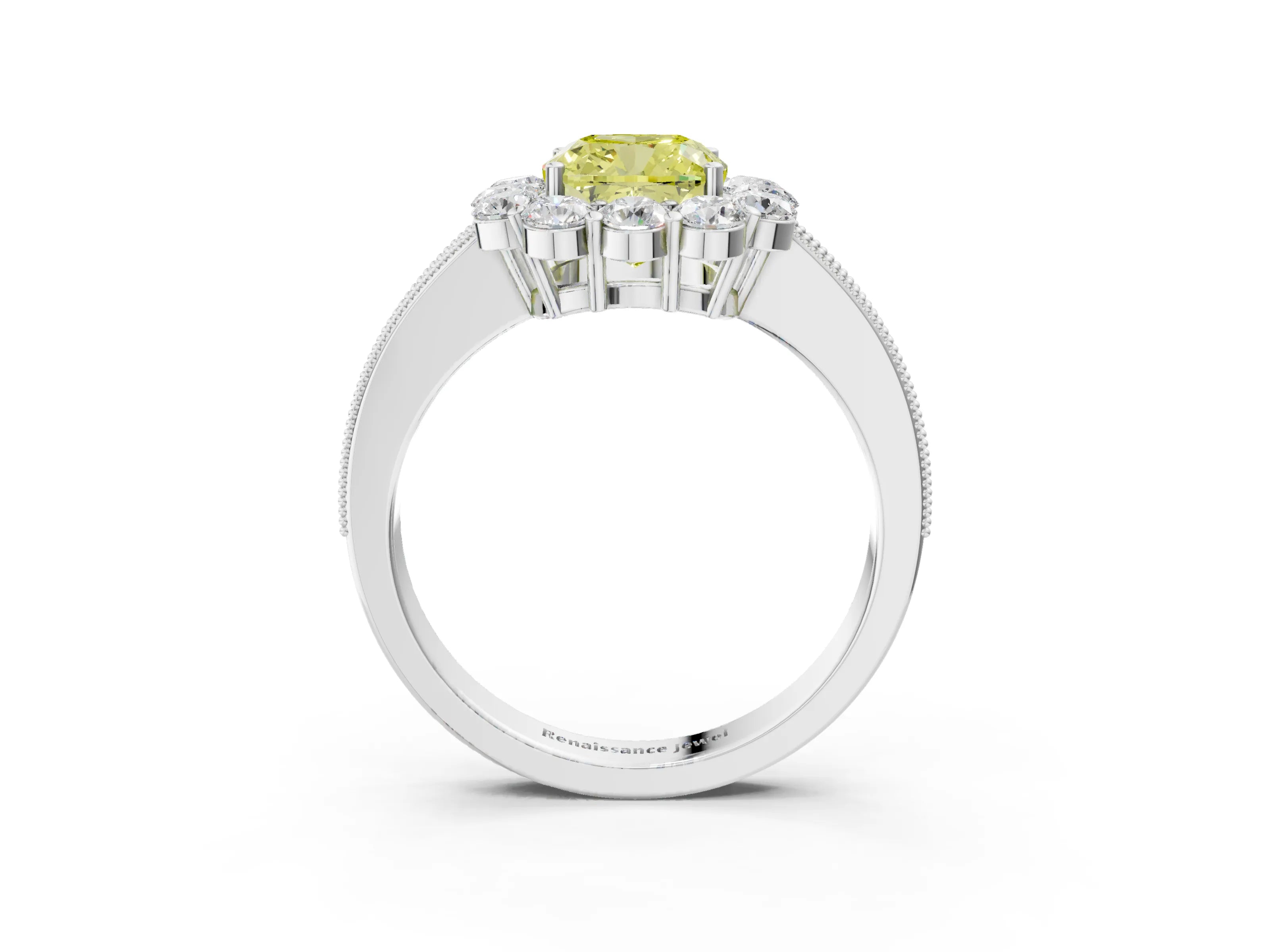 White gold Fancy Yellow Cushion Cut Cut Halo Diamond Pavé Engagement Ring with Milgrain Detailing_15