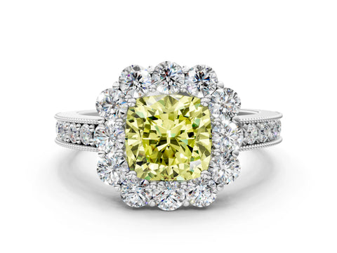 White gold Fancy Yellow Cushion Cut Cut Halo Diamond Pavé Engagement Ring with Milgrain Detailing_24