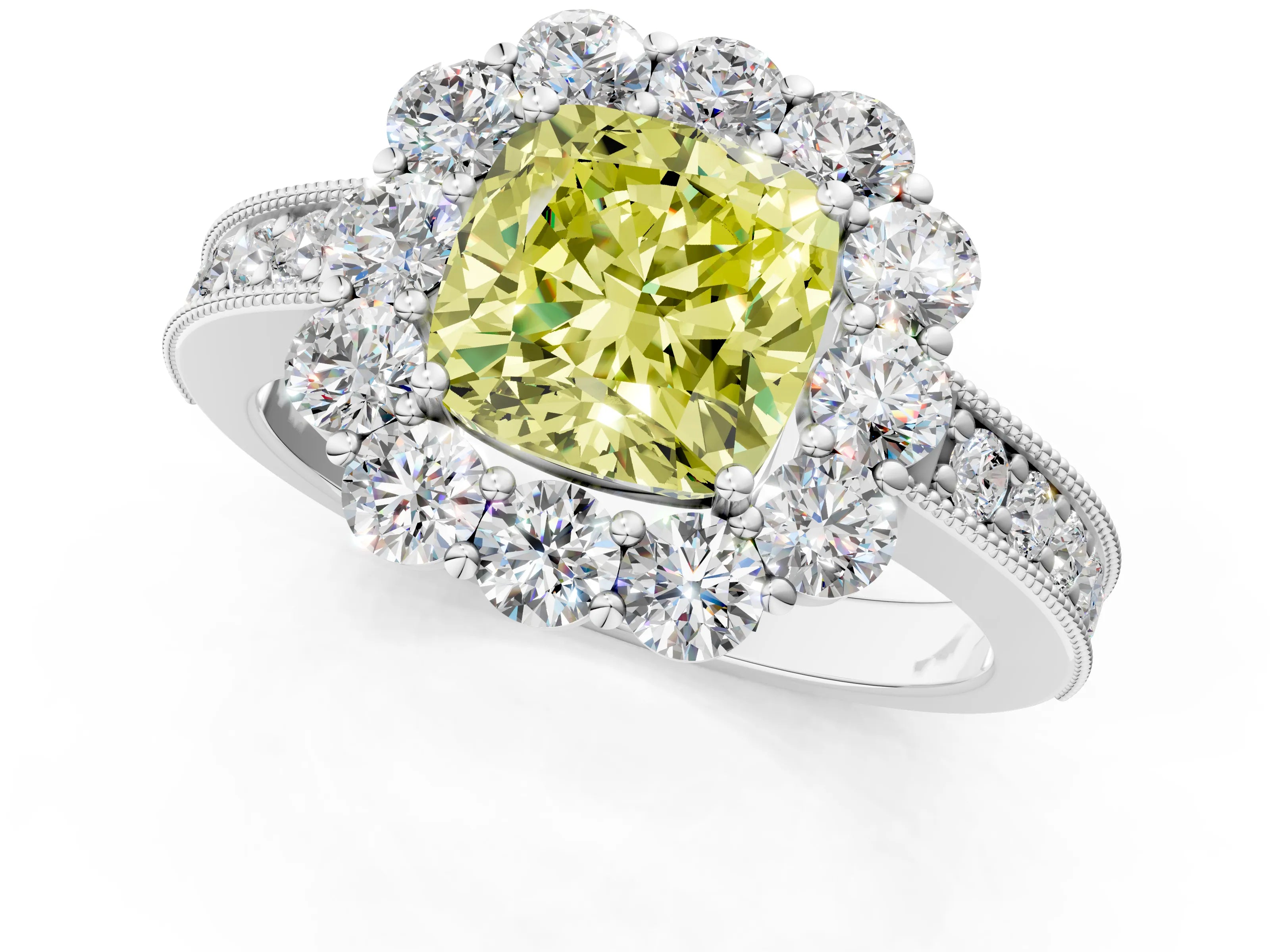 White gold Fancy Yellow Cushion Cut Cut Halo Diamond Pavé Engagement Ring with Milgrain Detailing_25