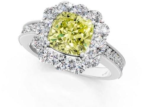 White gold Fancy Yellow Cushion Cut Cut Halo Diamond Pavé Engagement Ring with Milgrain Detailing_25