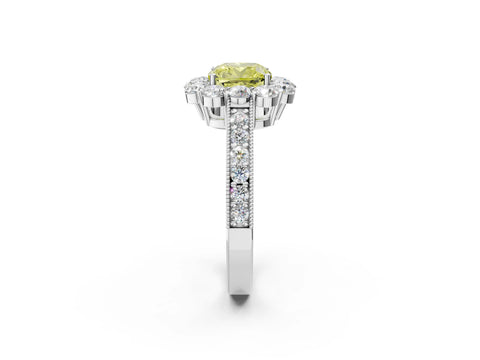 White gold Fancy Yellow Cushion Cut Cut Halo Diamond Pavé Engagement Ring with Milgrain Detailing_26