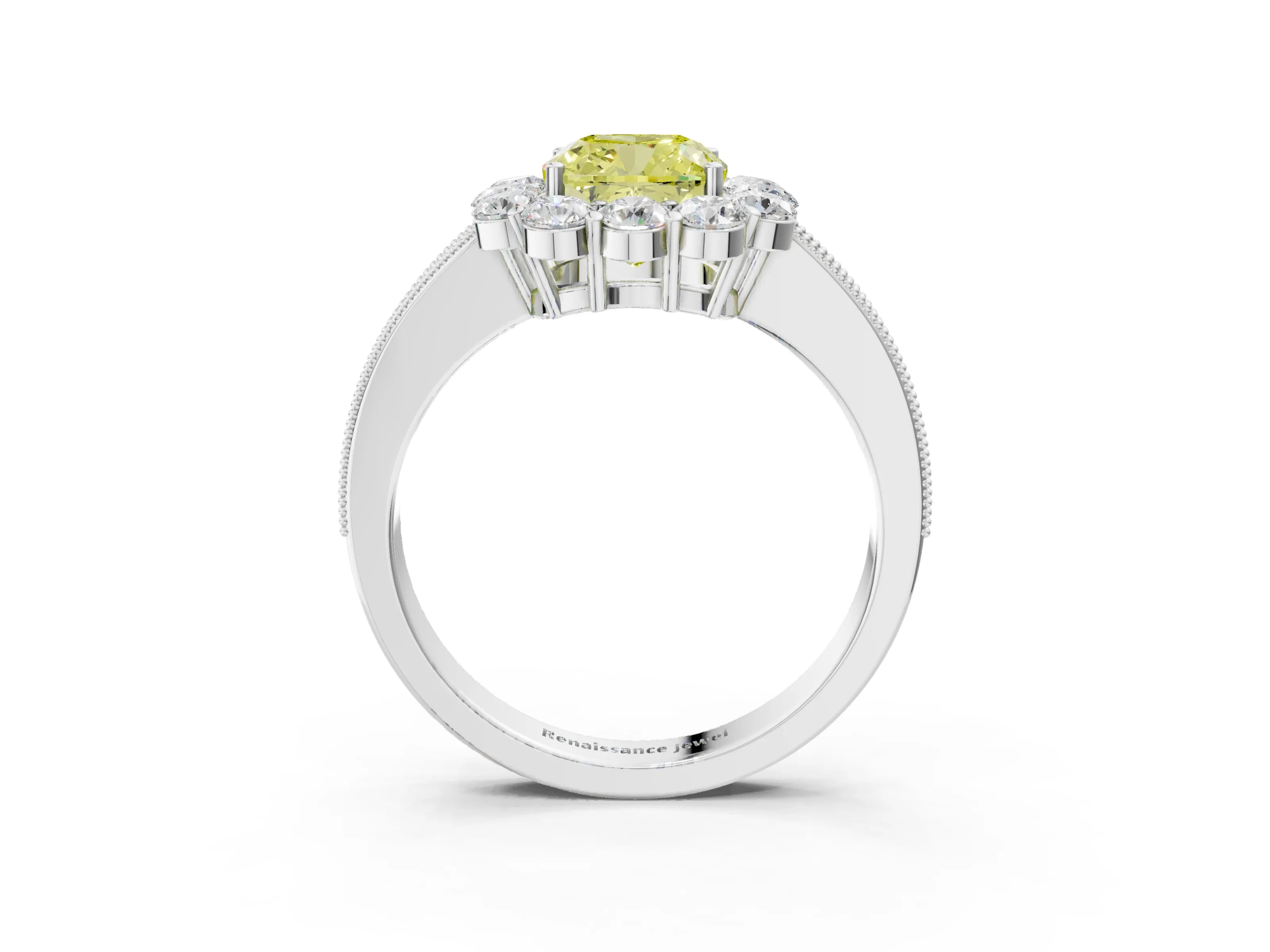 White gold Fancy Yellow Cushion Cut Cut Halo Diamond Pavé Engagement Ring with Milgrain Detailing_27