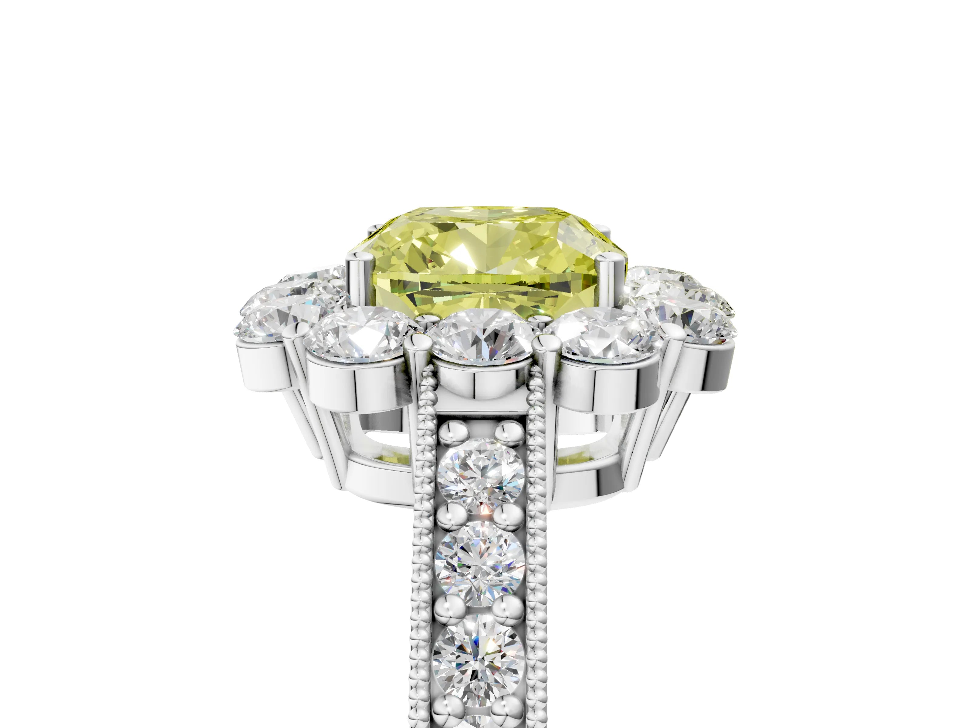 White gold Fancy Yellow Cushion Cut Cut Halo Diamond Pavé Engagement Ring with Milgrain Detailing_29