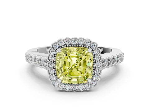 White gold Fancy Yellow Cushion Cut Cut Halo Pavé Solitaire Ring with Milgrain Band_12