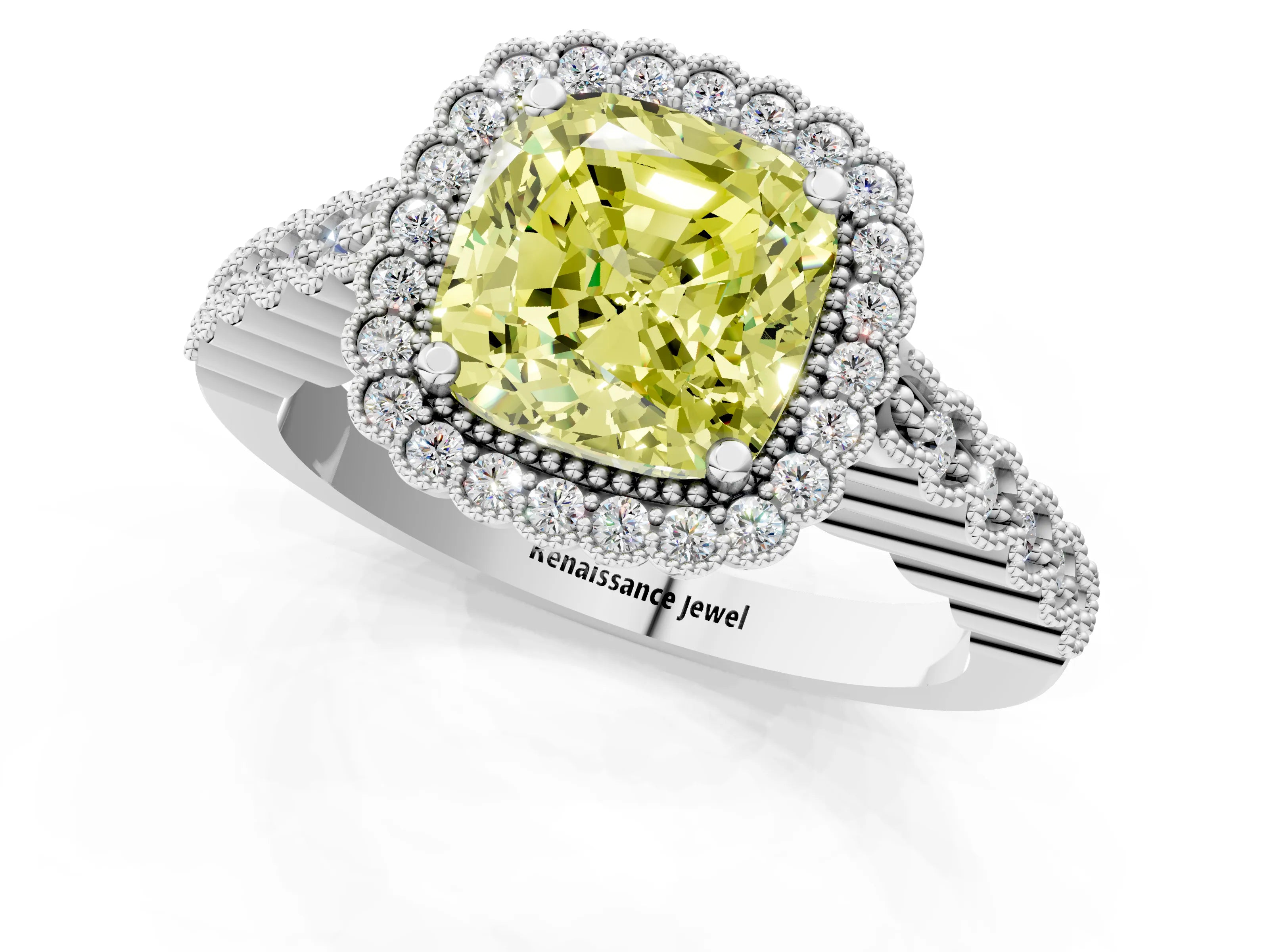 White gold Fancy Yellow Cushion Cut Cut Halo Pavé Solitaire Ring with Milgrain Band_13