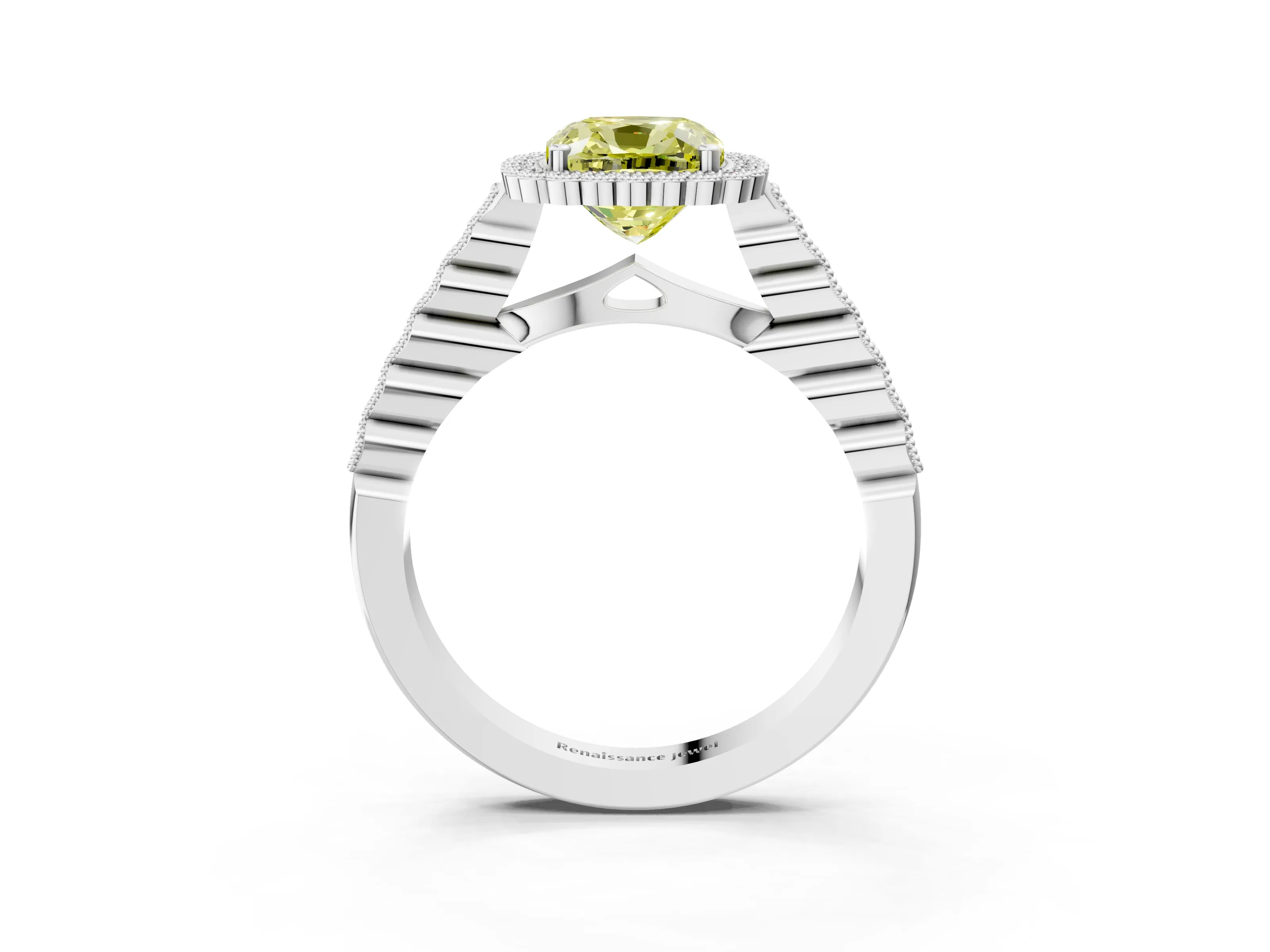 White gold Fancy Yellow Cushion Cut Cut Halo Pavé Solitaire Ring with Milgrain Band_15