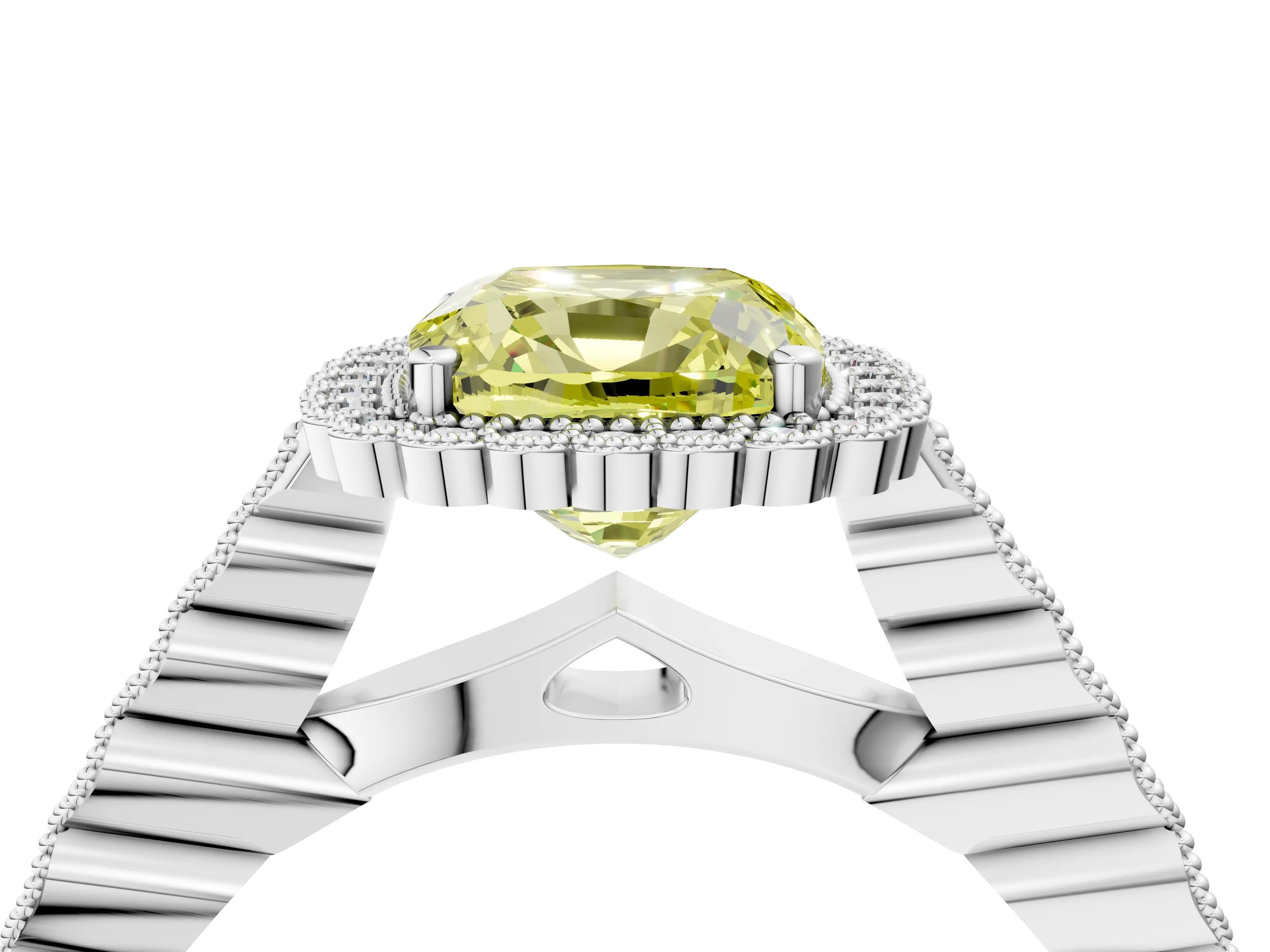 White gold Fancy Yellow Cushion Cut Cut Halo Pavé Solitaire Ring with Milgrain Band_16