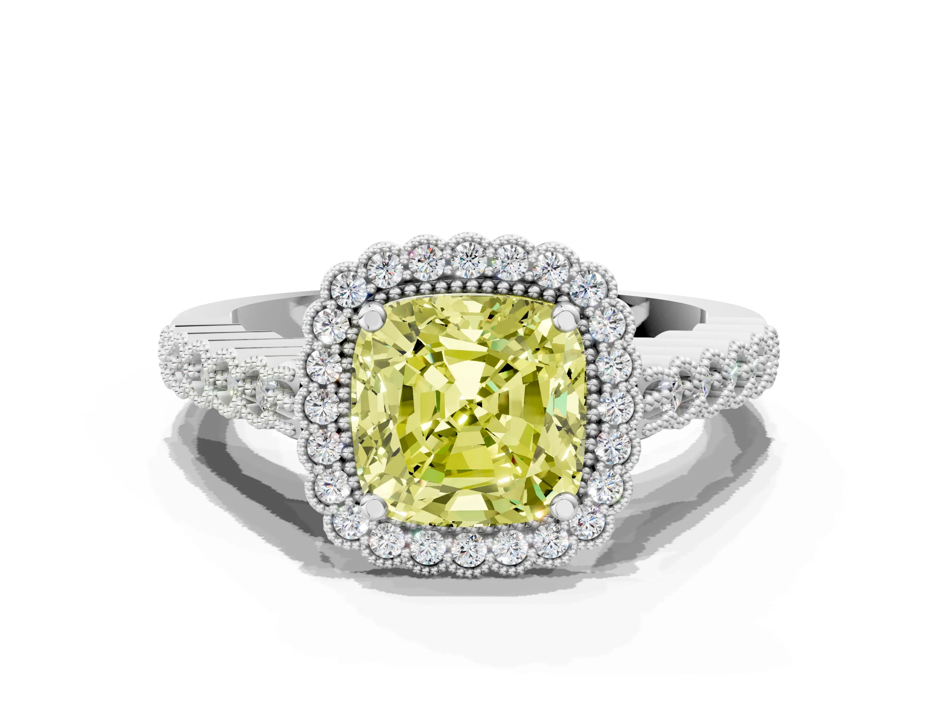 White gold Fancy Yellow Cushion Cut Cut Halo Pavé Solitaire Ring with Milgrain Band