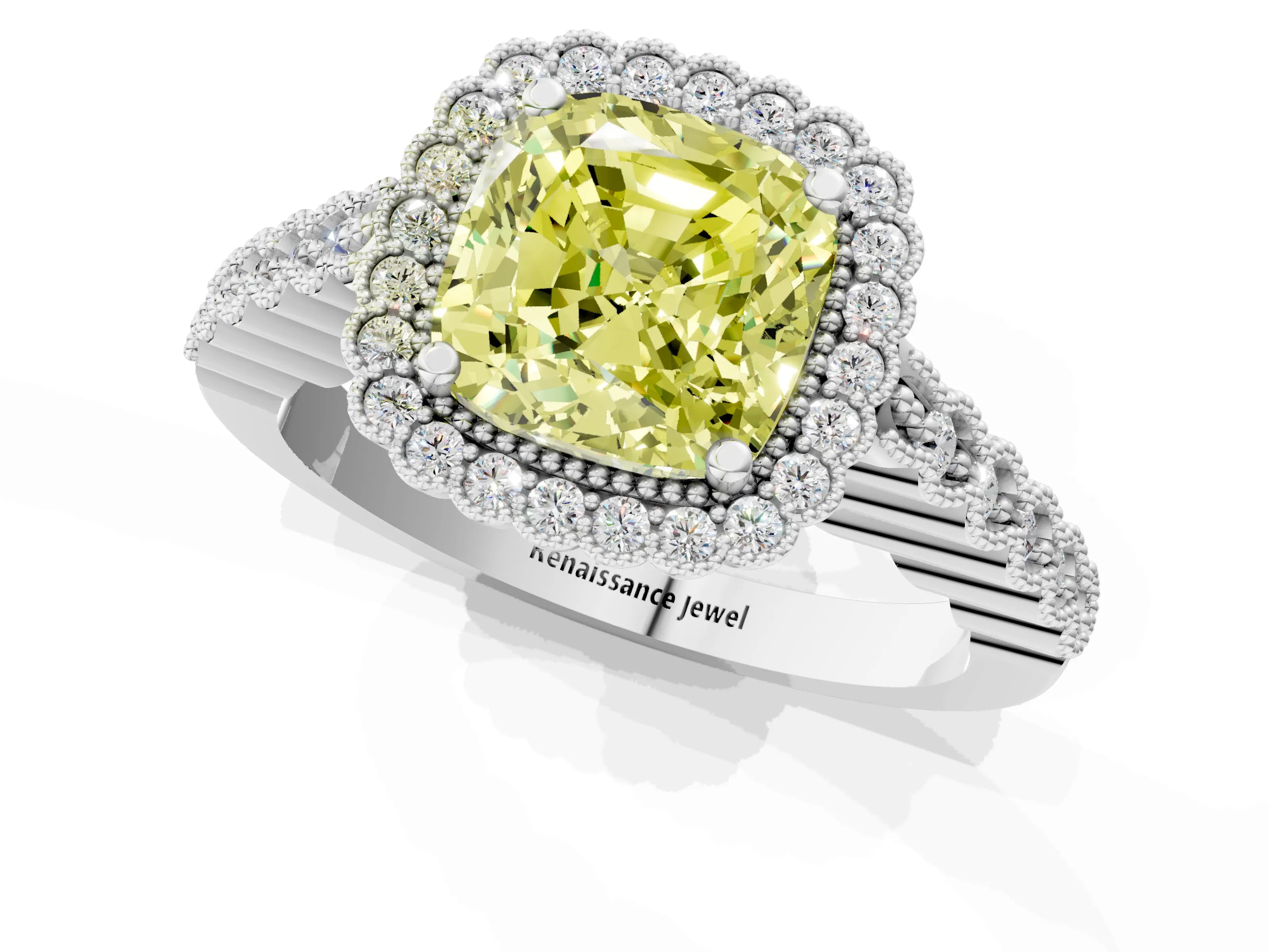 White gold Fancy Yellow Cushion Cut Cut Halo Pavé Solitaire Ring with Milgrain Band_1