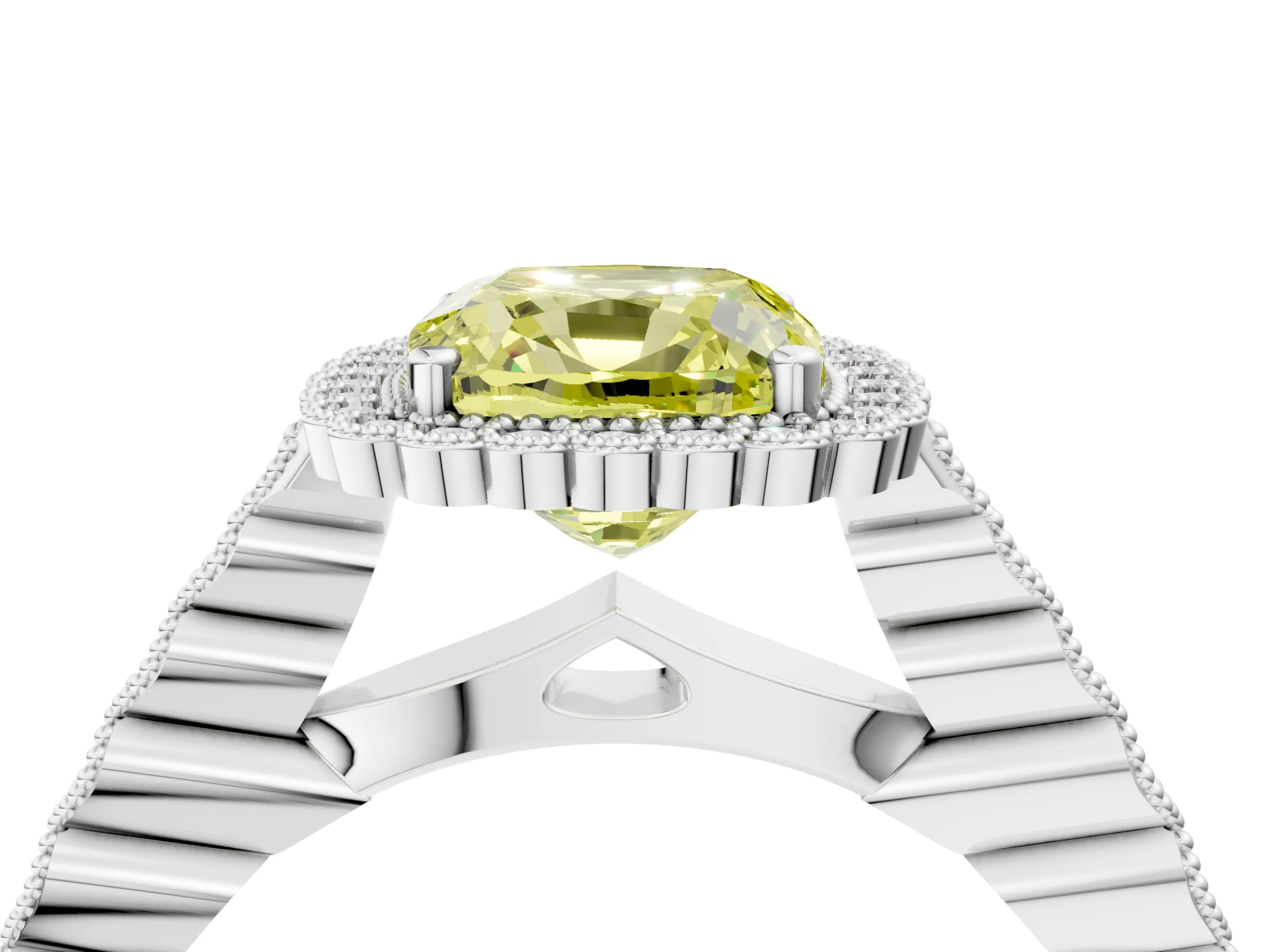 White gold Fancy Yellow Cushion Cut Cut Halo Pavé Solitaire Ring with Milgrain Band_4