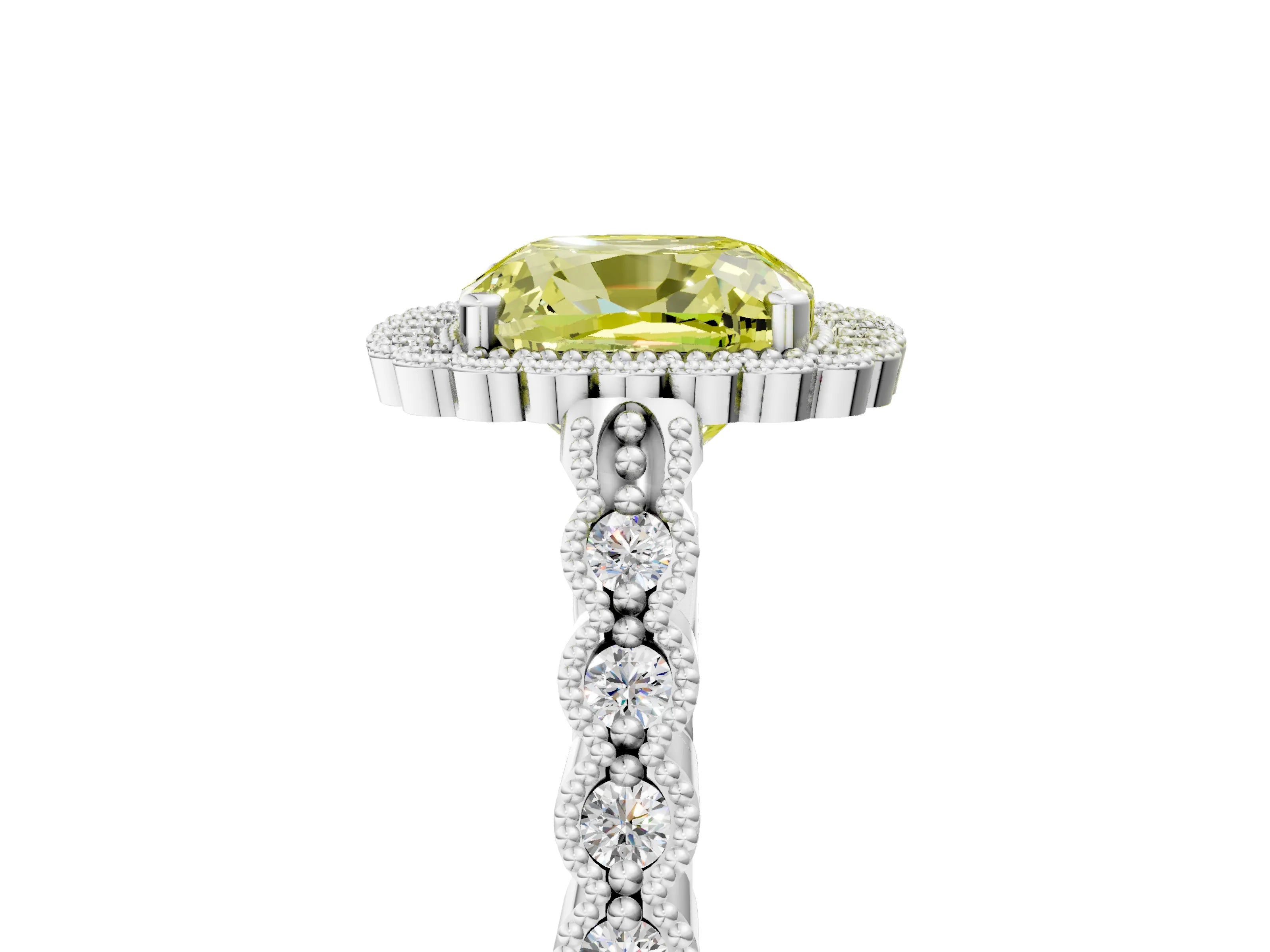 White gold Fancy Yellow Cushion Cut Cut Halo Pavé Solitaire Ring with Milgrain Band_5