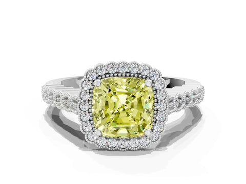 White gold Fancy Yellow Cushion Cut Cut Halo Pavé Solitaire Ring with Milgrain Band