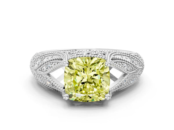White gold Fancy Yellow Cushion Cut Cut Milgrain Pave Diamond Engagement Ring with Four-Prong Setting