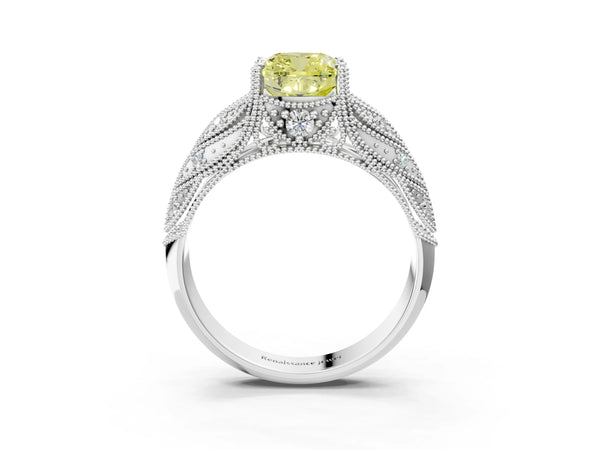 White gold Fancy Yellow Cushion Cut Cut Milgrain Pave Diamond Engagement Ring with Four-Prong Setting